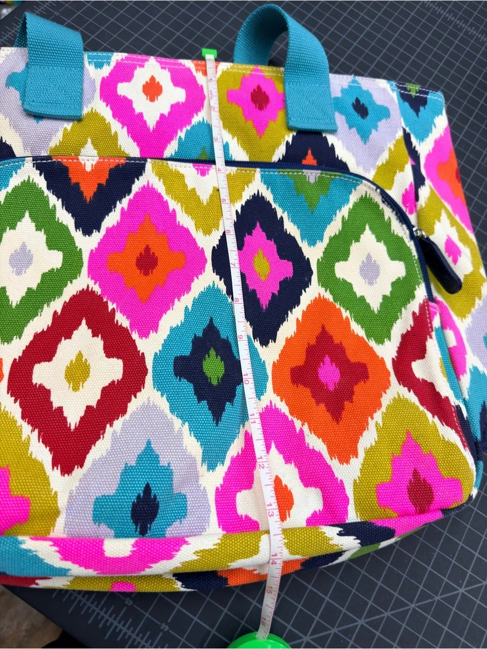 Vibrant Multi-Color Geometric Laptop Bag with Teal Handles Almost new